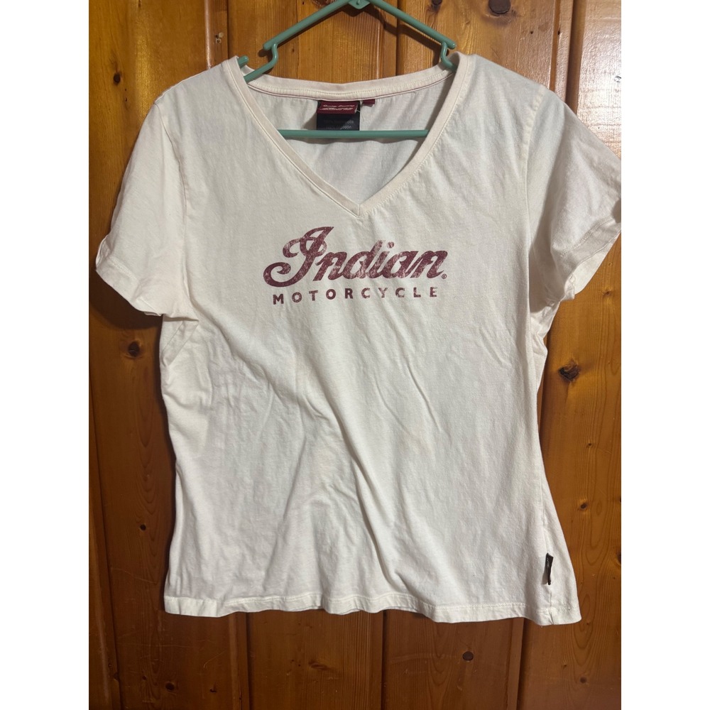 Indian Motorcycle V-Neck Graphic Tee White Burgundy Logo Shirt Womens Large